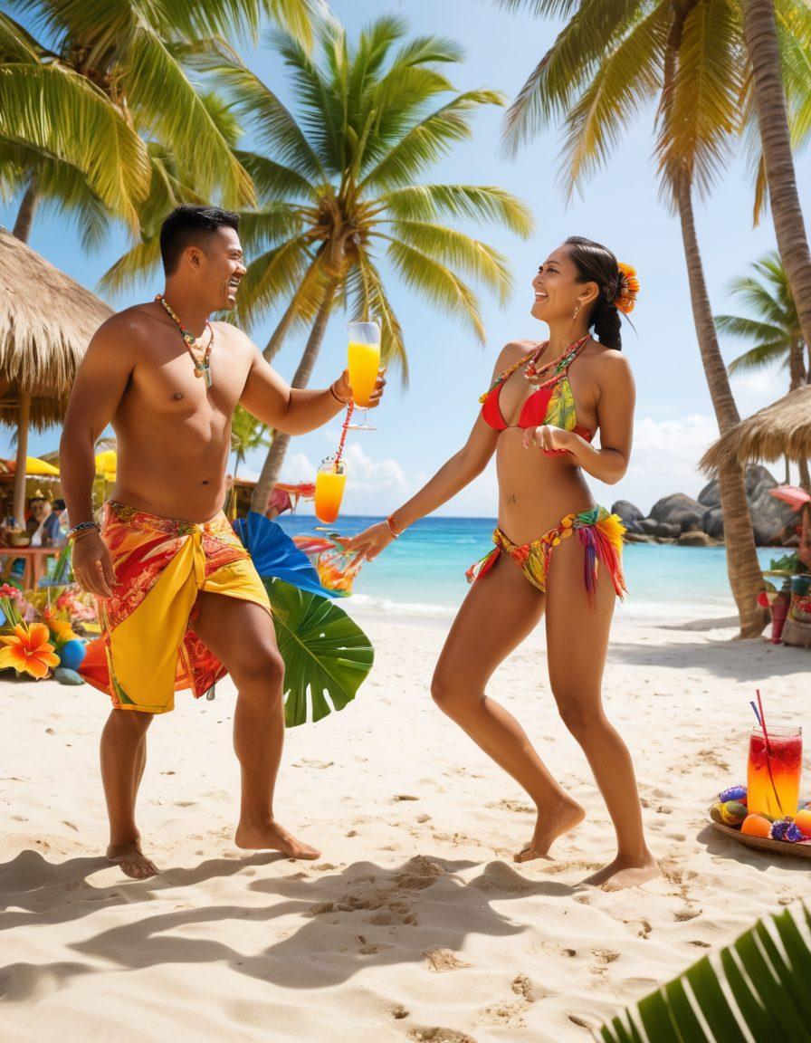 A colorful beach scene depicting joyful Filipino adults engaged in playful activities, such as dancing, laughter, and enjoying tropical drinks. Bright sun, palm trees, and vibrant cultural decorations that reflect Filipino heritage, evoking a sense of fun and celebration. The atmosphere is lively and inviting, showcasing the essence of joy in adult entertainment. tropical theme. super-realistic. vibrant colors. white background.