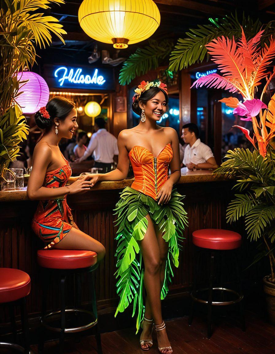 An inviting, colorful scene depicting a vibrant Filipino nightlife with playful neon lights. Showcase a lively bar filled with smiling patrons enjoying traditional music, dancers in flowing costumes, and a backdrop of tropical foliage. Emphasize warm colors and a sense of joy and adventure while incorporating elements of sensuality. Art style: vivid illustration, bold colors, tropical theme.